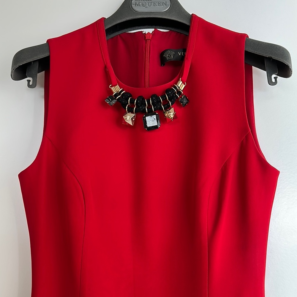 Versace Red Mini Dress with Black Embellishments
